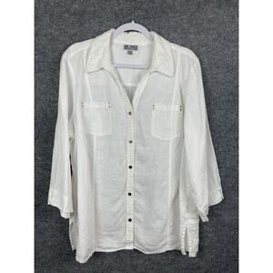 JM Collection Tunic Linen Gold Button Up Top Women Sz 20W White Long Sleeve